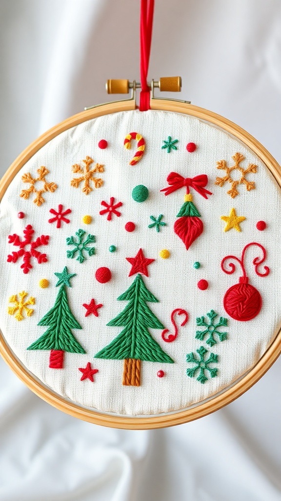 Christmas Stitch Drawing Recipe A close-up of a Christmas stitch drawing with colorful embroidery on fabric in an embroidery hoop.